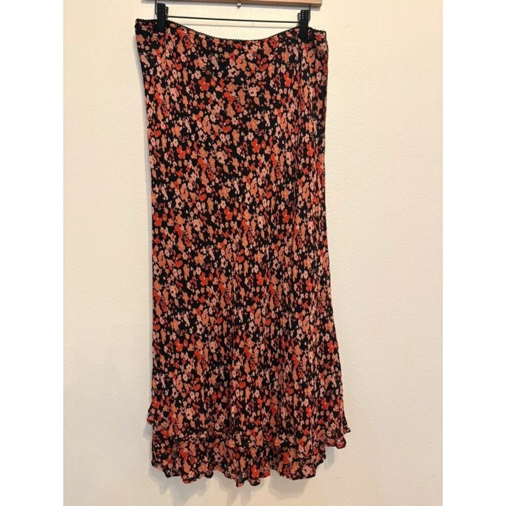 Style & Co Black & Coral Floral Midi Skirt Sz 16 / Boho Ruffle Hem